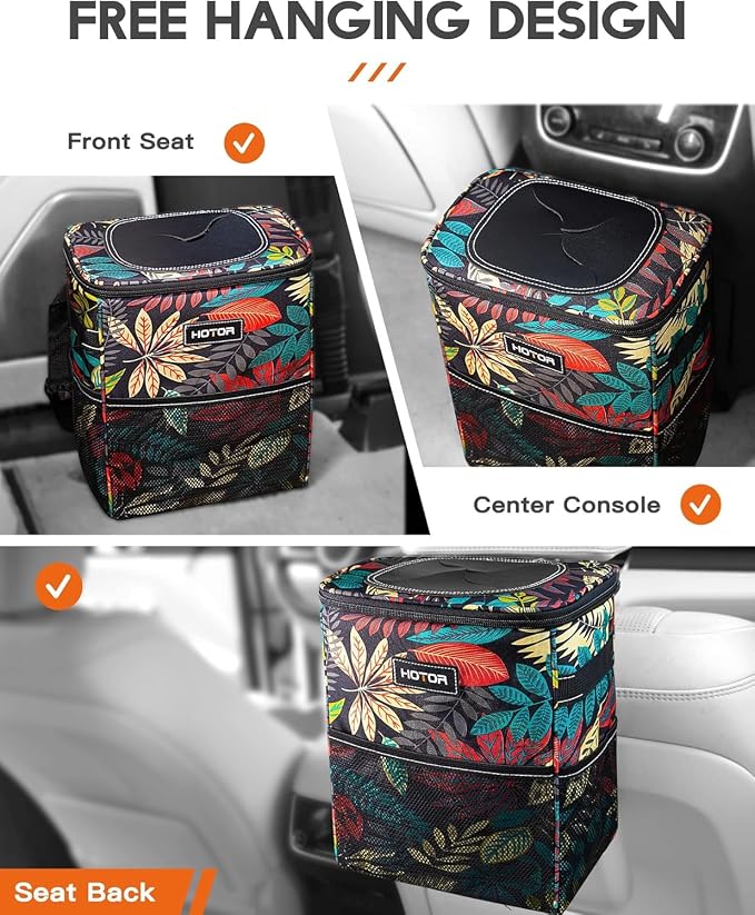 HOTOR Car Trash Can with Lid and Storage Pockets - 100% Leak-Proof Organizer, Waterproof Garbage Can, Multipurpose Trash Bin for Car, 2 Gallons, Autumn Leaves - Image 7