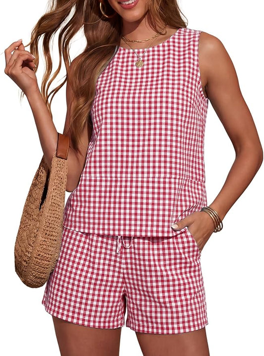 LOMON Women's Trendy 2 Piece Outfits Shorts Sets Summer Crew Neck Sleeveless Tank Top and Bottom Matching with Pockets 2026 by LOMON