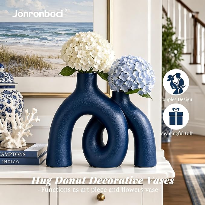 Hug Donut Decorative Vase Set - Navy Blue Vase, Modern Coastal Style Vases Home Decor, Matte Ceramic Decorations for Living Room Shelf, Bookshelf Mantle Entryway Table or Console Décor (Navy Blue) | Decorative Sculptural & Flower Vase for Living Room, ... - Image 2