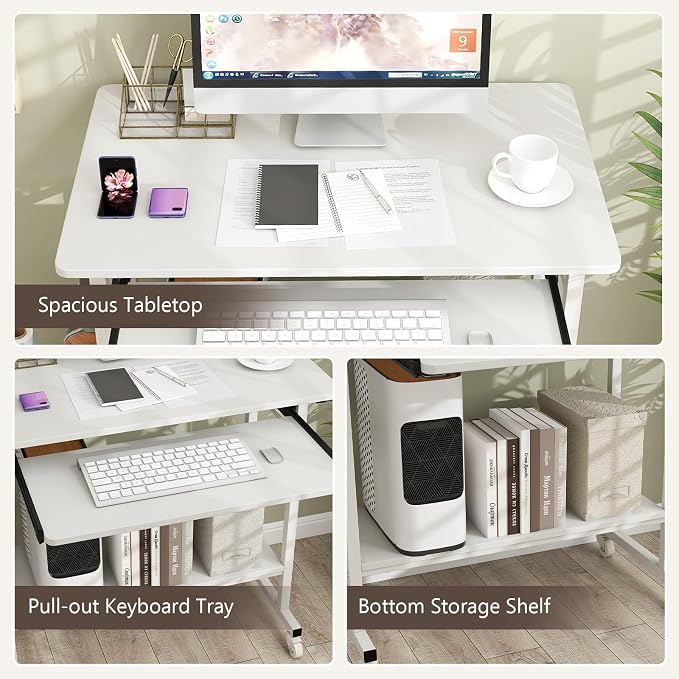 Tangkula Rolling Computer Desk Cart with Keyboard Tray, Mobile Portable Laptop PC Desk with CPU Stand & 3 Hooks for Sofa & Bed, Compact Small Desk on Wheels for Small Spaces (White) - Image 6