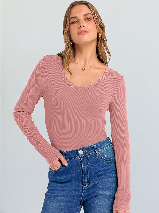 ANRABESS Long Sleeve V Neck Shirts for Women | Soft Comfy Ribbed Knit Fitted Tshirts, Casual Going Out Tops, 2026 Trendy Basic, Fall Winter Underscrub Layering Clothes - Image 2