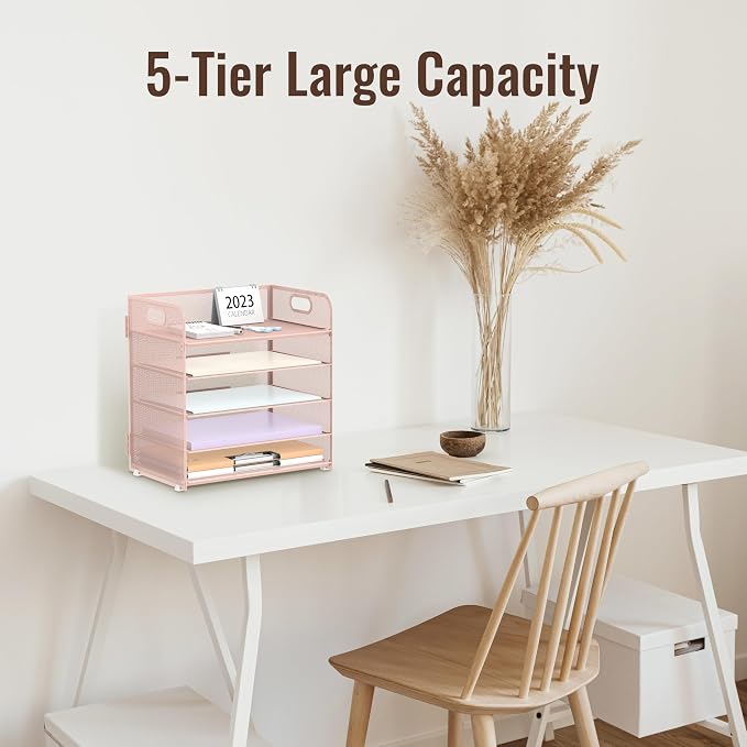 Supeasy 5 Trays Paper Organizer Letter Tray with Handle-Mesh Desk File Holders, Paper Sorter Desk Organizer for Office, Home, Classroom or School, Pink - Image 5