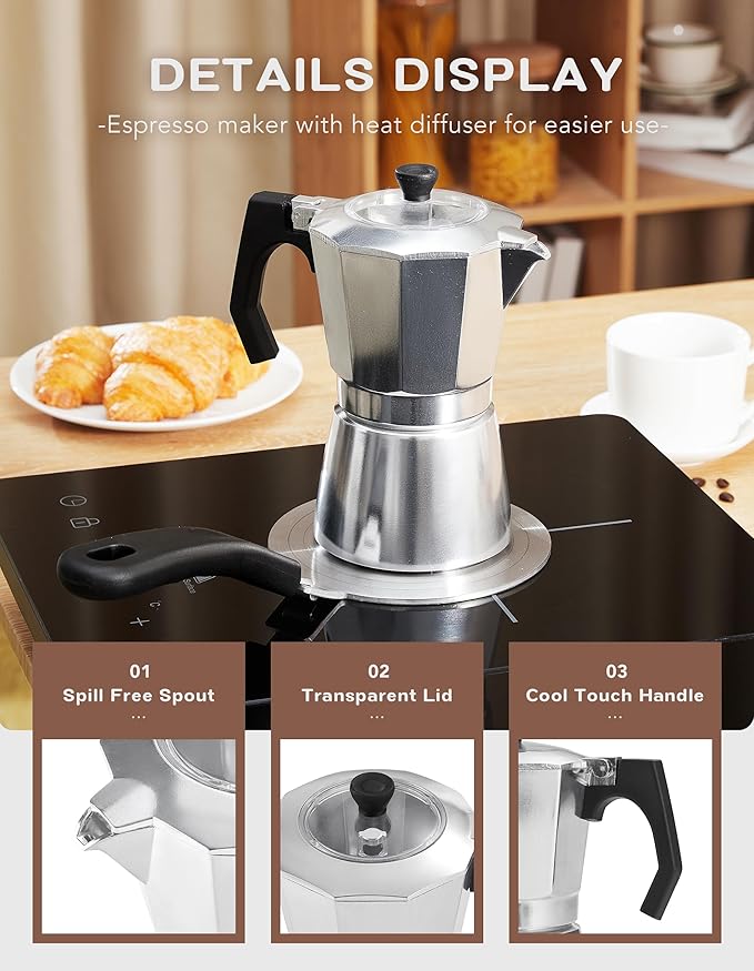 2Pcs - 1 Moka Pot Espresso + 5.5 Inch Stainless Steel Induction Plate Adapter, 6 Cup Aluminium Italian Stovetop Espresso Maker, Transparent Cover, Portable Coffee Maker for Camping - Image 4