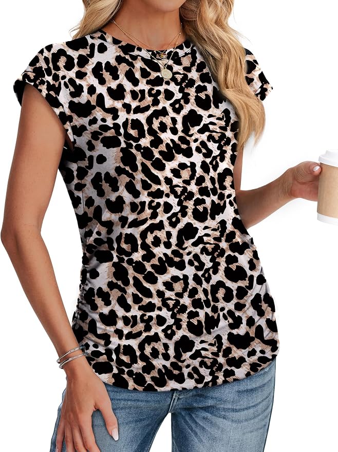 Sampeel Womens Summer Tops Trendy 2026 Ruched Cap Short Sleeve Tshirts Shirts Crew Neck T Shirts Fashion - Image 3