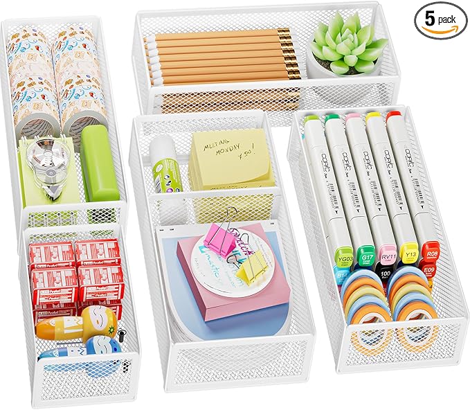 Marbrasse 5 Pack Desk Drawer Organizer Set, Mesh Drawer Storage Trays with 1 Adjustable Divider, Desk Organizers and Accessories, 5 PCS Drawer for Office Supplies, Makeup & Vanity (White) by Marbrasse