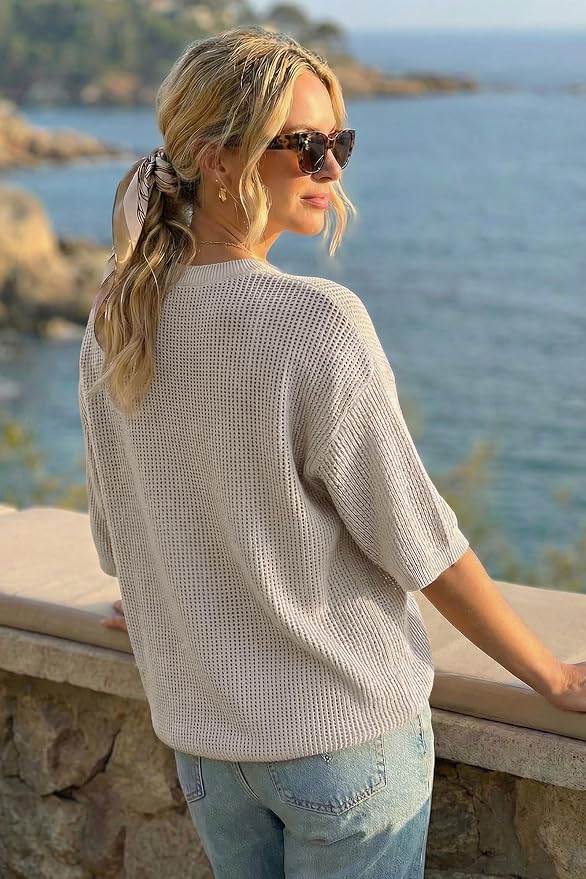 Arach&Cloz Womens Summer 100% Cotton Oversized Crochet Tops 3/4 Length Sleeve Sweater Hollow Out Casual Blouses 2026 - Image 3