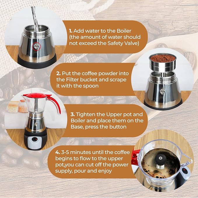 Electric Plastic Clear Moka Pot 3-6 Cup 150-300ml Mocha Pot | Stainless Steel Espresso Maker with Detachable Base Ideal Coffee Maker for Home Italian and Cuban Café Coffeemaker Red - Image 4