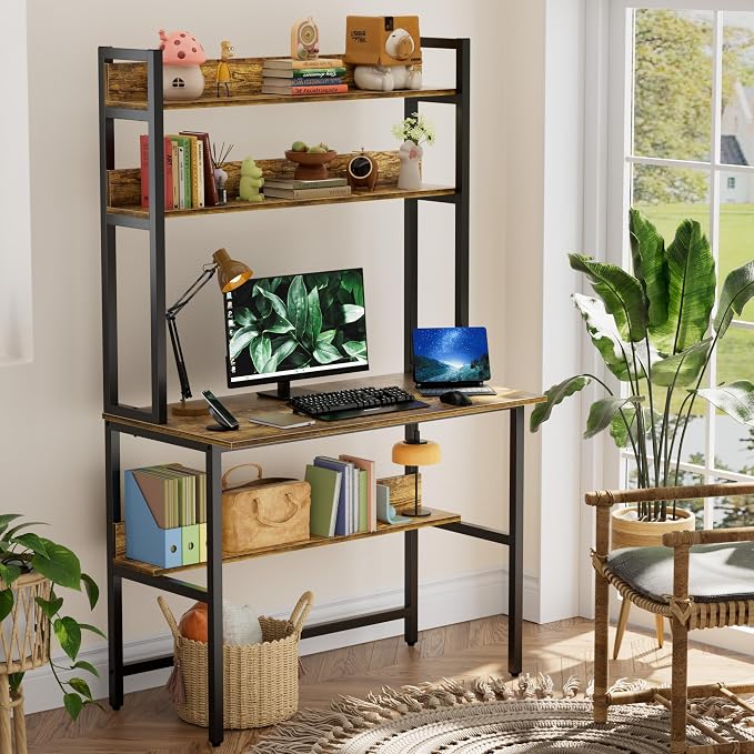 Aquzee Computer Desk with Hutch, 40“W x 19.6" D Desk with Shelves, Tall Home Office Desk with Bookshelf, Metal Legs Study Table with Upper Storage Shelf for Study Writing/Workstation, Brown - Image 2