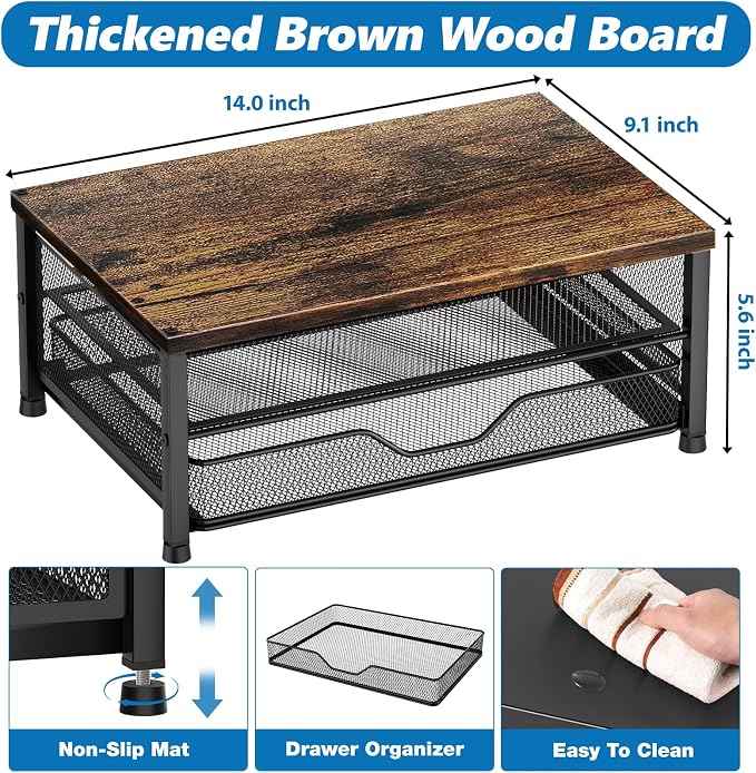 OPNICE Computer Monitor Stand Riser, Desk Organizer with Drawer, Printer & Laptop Stand, Office Desk Accessories & Workspace Desktop Organizers Storage for Office Supplies(Brown) - Image 6