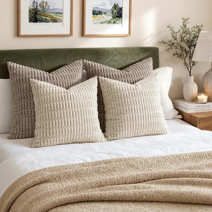 MIULEE Pack of 2 Corduroy Decorative Throw Pillow Covers 12x12 Inch Soft Boho Striped Pillow Covers Modern Farmhouse Home Decor for Sofa Living Room Couch Bed Cream White - Image 5