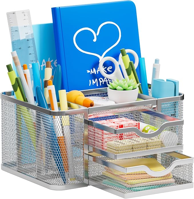 Marbrasse Mesh Desk Organizer, Pen Organizer with 2 Drawer, Multi-Functional Pencil Holder, Desk Organizers and Accessories with 5 Compartments + Drawer for Office Art Supplies (Silver) by Marbrasse
