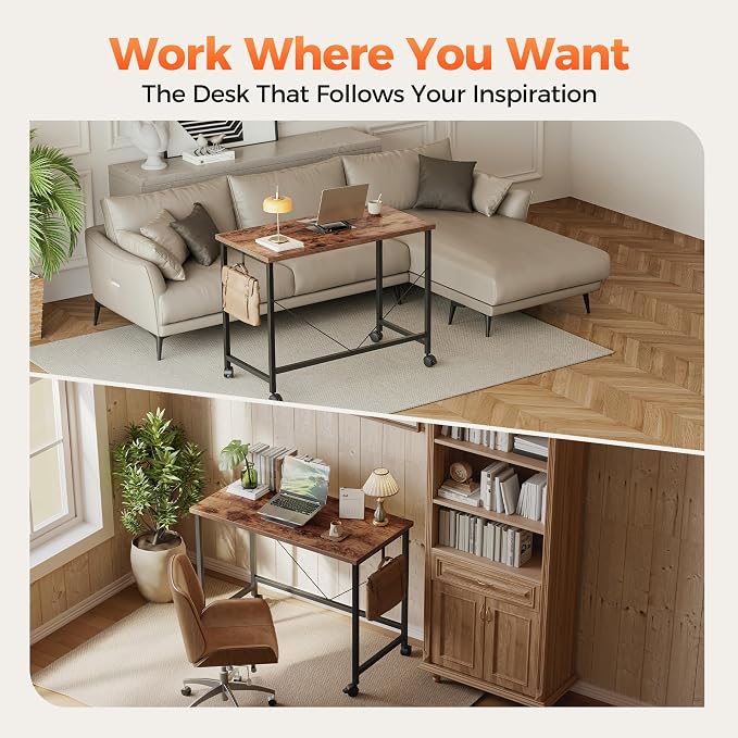 Mericonia 39x20 Inch Computer Desk with Wheels, Small Simple Rolling Desk | Writing Table for Home Office Bedroom Work Study, Brown - Image 3