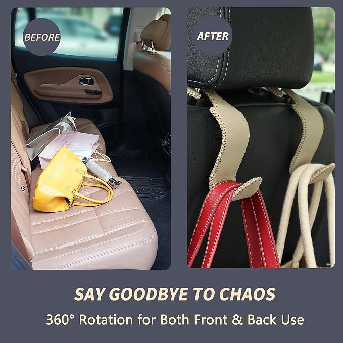 Amooca Car Seat Headrest Hook 4 Pack Metal Core Hanger Universal Car Storage Organizer for Handbag Purse Coat S Type Leather Beige - Image 3