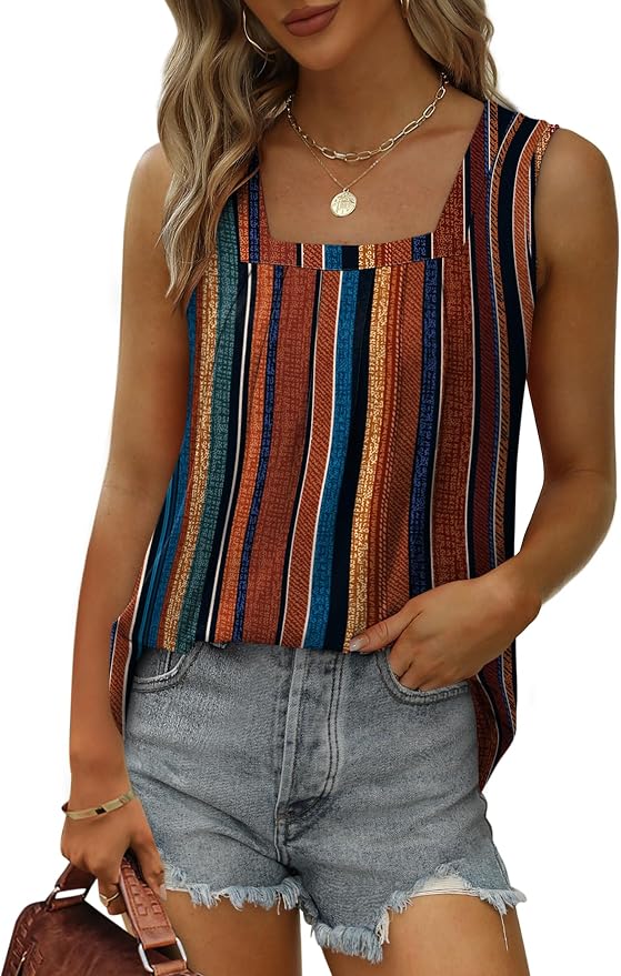 Saloogoe Summer Tank Tops for Women Loose Fit Pleated Square Neck Sleeveless Tops Curved Hem Flowy - Image 2