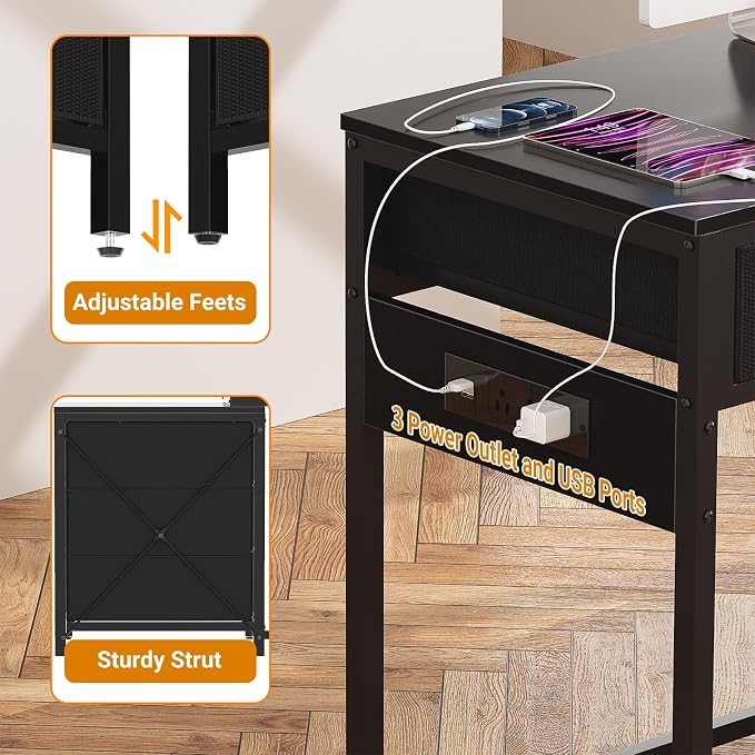 Unikito Reversible Computer Desk with 5 Drawers, Sturdy Office Desk with Power Outlets and USB Ports, Corner Writing Table with File Cabinet & Printer Stand, Vanity Desk with Storage, Black - Image 6