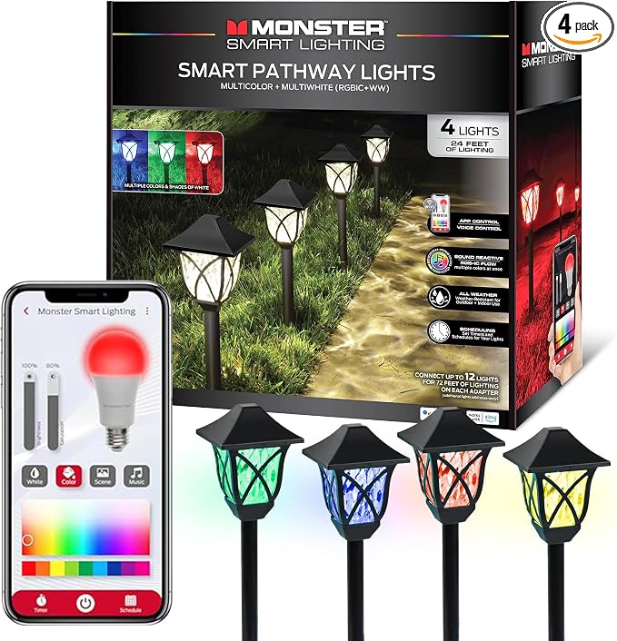 Monster Smart RGB+IC+WW Pathway Lights with 4 Dimmable LED Lights - Sound Reactive Garden Light, Weatherproof IP44 Outdoor Lighting - Compatible with Alexa, Google Assistant, Siri, Monster App by Monster