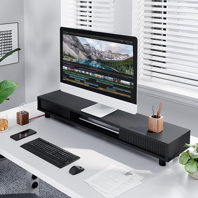 Fenge Dual Monitor Stand, 42.5inch Long Monitor Stands Riser for 2 Monitors, Glass Sliding Door with Storage Organizer Stand for Desk, 2 Tier Desk Shelf for Laptop, Pc, Printer, Computer, TV - Image 7