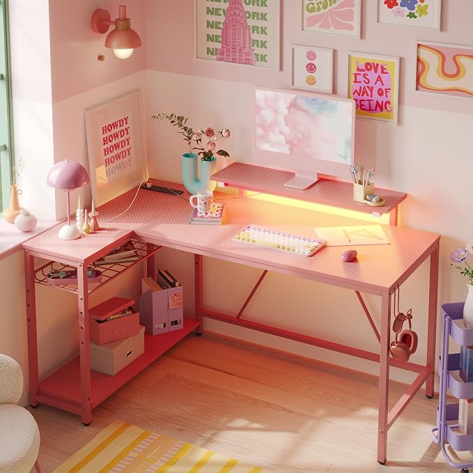 Bestier 52-Inch L-Shaped Gaming Desk with Charging & LED, Pink | Charging 3AC+2USB, RGB LED 20 Colors/22 Modes, Reversible Storage Shelves, Carbon Fiber Texture, Headphone Hook, 52 in - Image 2