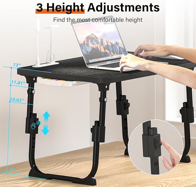 Lap Desk for Bed, Adjustable Laptop Desk with USB Charging Port, Storage Drawer & Bookshelf — Foldable Bed Desk for WFH & Students, 23.6" Desktop Fits 17" Laptop, Non-Slip, Black - Image 2