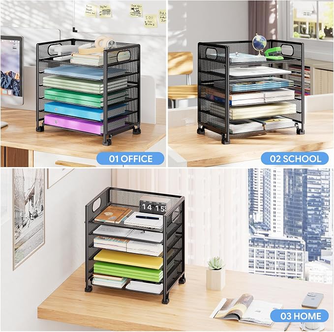 Simple Trending 6-Tier Paper Tray Organizer, File Organizer for Desk, Black | Letter Tray Holder with Handle. Sturdy Metal Frame. Non-slip Feet. Black for Office Home School. 13.35"L x 9.35"W x 15.6"H - Image 7