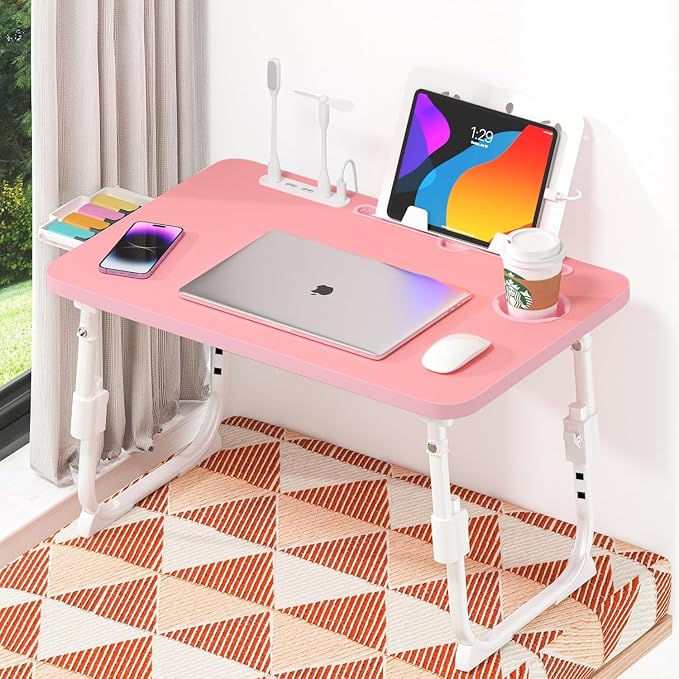 Lap Desk for Bed, Adjustable Laptop Desk with USB Charging Port, Storage Drawer & Bookshelf — Foldable Bed Desk for WFH & Students, 23.6" Desktop Fits 20" Laptop, Non-Slip, Pink - Image 9
