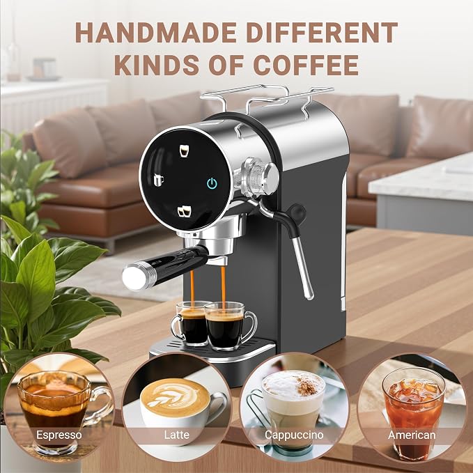 Ollygrin 20 Bar Espresso Coffee Machine, Semi-Automatic Espresso Machine with Touch Panel, 1350W Espresso Maker with Steam Wand, Removable Drip Tray & Water Tank, Modern Design for Latte & Cappuccino - Image 6
