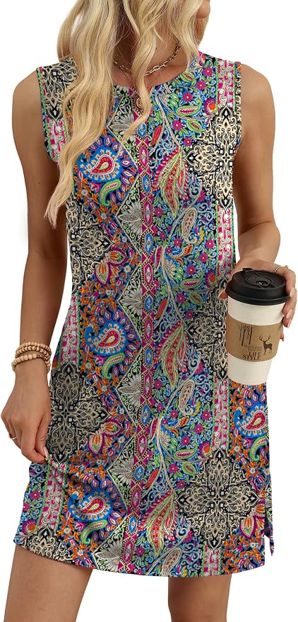WIHOLL Casual Dresses for Women Crewneck Sleeveless Tank Dress Summer Spring Boho Vacation Clothes - Image 4