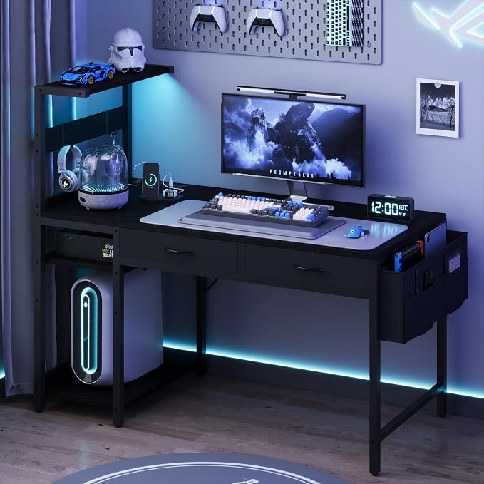 40 Inch Small Gaming Desk with Drawers & Led Lights & Storage Bag, Black | Reversible Storage Shelf, Power Outlets, Wood Grain Gaming Table, Compact Computer Desk for Small Space, Bedroom, Home Office - Image 2