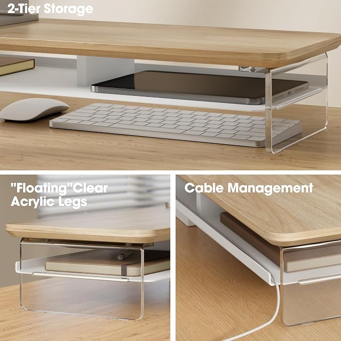 Fenge 42.5" Dual Monitor Stand with Clear Acrylic Legs, Oak | Clear acrylic, storage compartment, 2-tier home office monitor riser, wide large desktop shelf fit monitor/laptop/printer - Image 4