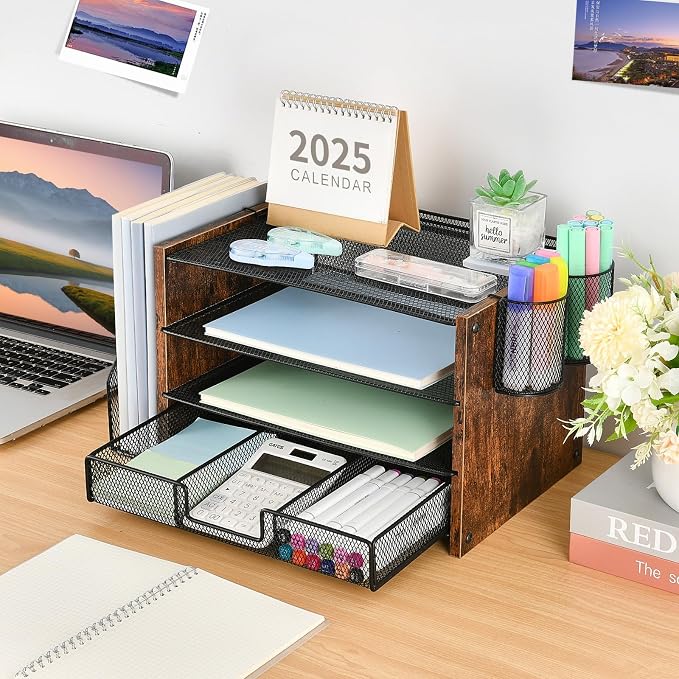 OPNICE Desk Organizer, 4-Tier Desktop File Organizer with Drawer and Pen Holders, Office Desk Accessories, File Sorters, Workspace Organizers for Office Supplies(Brown Wood) - Image 6