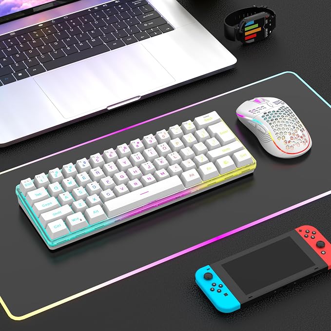 RedThunder 60% Wireless Gaming Keyboard and Mouse Combo, 2500mAh Rechargeable Battery, Ultra-Compact Small RGB Mechanical Feel Keyboard, Lightweight Honeycomb Optical Mouse for Gaming/Business, White - Image 2