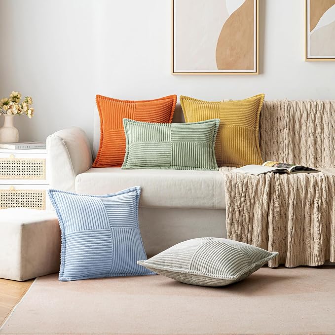MIULEE Decorative Throw Pillow Covers for Couch Bed Livingroom 20x20 Inch Set of 2 Light Blue Boho Accent Throw Pllows Broadside Striped Patchwork Soft Corduroy Pillowcases - Image 2