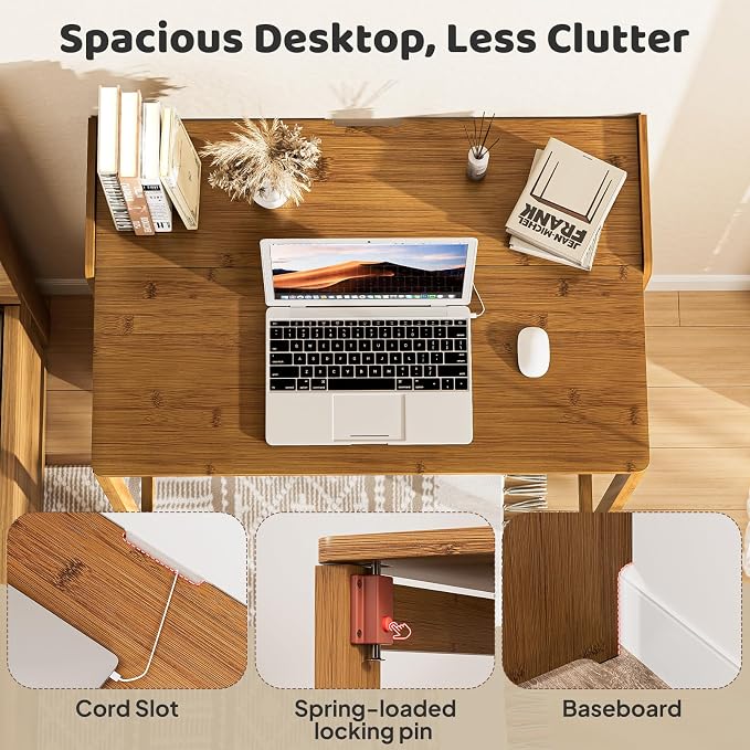 Bamboo Folding Desk for Small Spaces, Small Computer Foldable Desk, Brown | Space Saving Desk for Bedroom Home Office, Mid Century Sofa Table for Couch, Writing Work Office Desk - Image 5