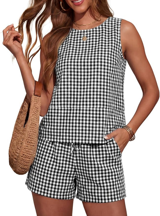 LOMON Women's Trendy 2 Piece Outfits Shorts Sets Summer Crew Neck Sleeveless Tank Top and Bottom Matching with Pockets 2026 by LOMON