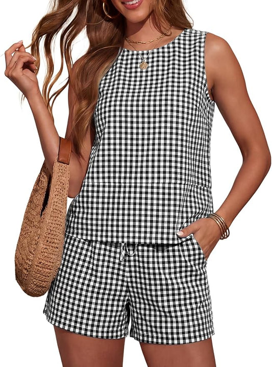 LOMON Women's Trendy 2 Piece Outfits Shorts Sets Summer Crew Neck Sleeveless Tank Top and Bottom Matching with Pockets 2026 by LOMON