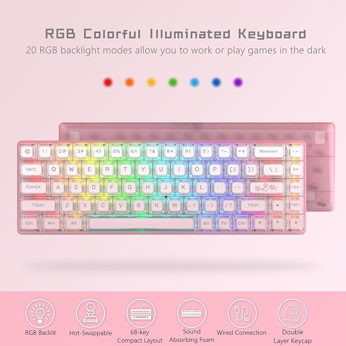 Womier 60% Keyboard Gaming Pink - Wired Pink Creamy Mechanical Keyboard | Hot-Swappable RGB Custom Mini Key board with Arrow Keys/Software Supported, Prelubrication Linear Switch (WK68-Pink) - Image 4