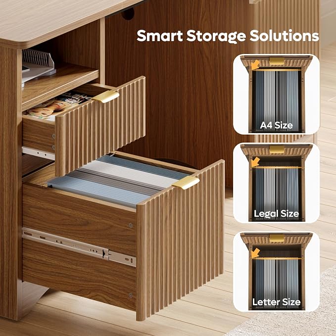 Bestier 59 inch Computer Desk with 2 Drawers, Office Desk with Storage File Cabinet and 2 Open Storage Shelves, Modern Fluted Executive Desk for Home Office Bedroom, Brown Oak - Image 3