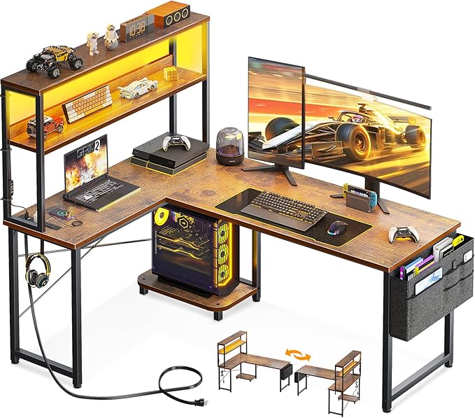 AODK L Shaped Desk Gaming Desk with LED Light & Power Outlet | 53 Inch Vintage Reversible L Shaped Computer Table with Shelf & Storage Bag & Hook for Home Office by AODK