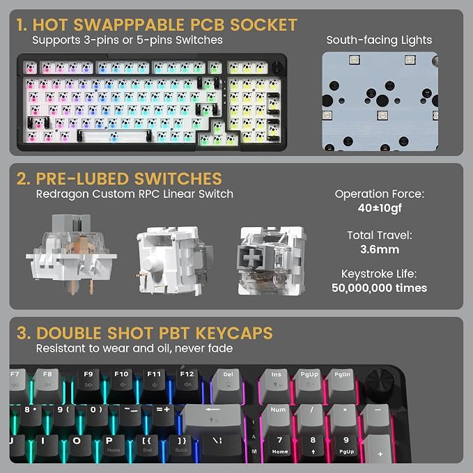 Redragon K742 Wireless Mechanical Gaming Keyboard with Knob for PC Computer | Bluetooth 5.0/2.4GHz/USB C Wireless Creamy Keyboard with Number Pad, RGB Backlits, Hot-Swappable with Linear Switches (Black) - Image 6