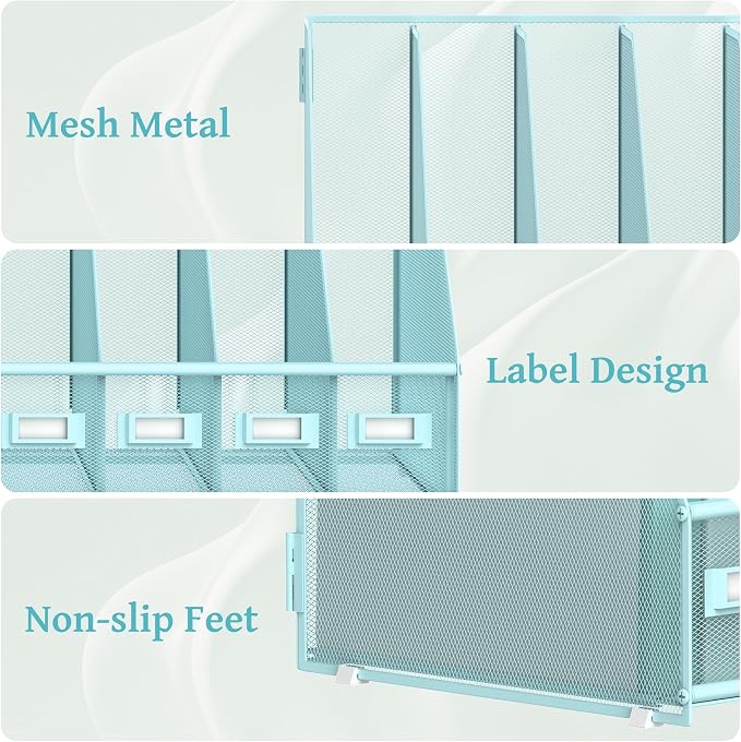 SUPEASY Desk Organizers Metal Desk Magazine File Holder with 5 Vertical Compartments Rack File Organizer for Office Desktop, Classroom, Home Workspace, Blue - Image 4