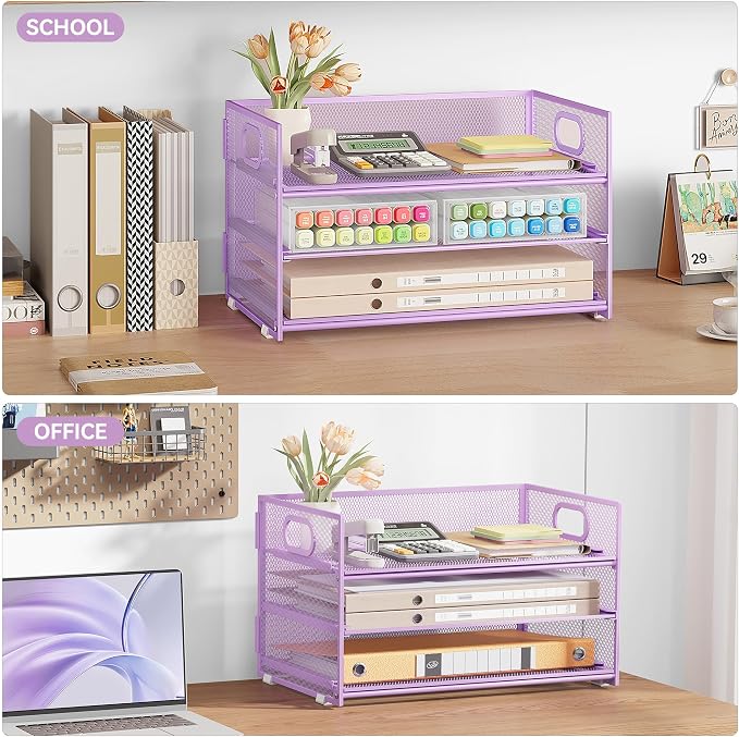 Subekyu 3 Tier Letter Tray Paper Organizer with Handle and 1 PC Sliding Tray, Purple Metal Mesh Desk File Folder Paper Sorter Organizer for Home Office School Desk Supplies Organization Storage - Image 7