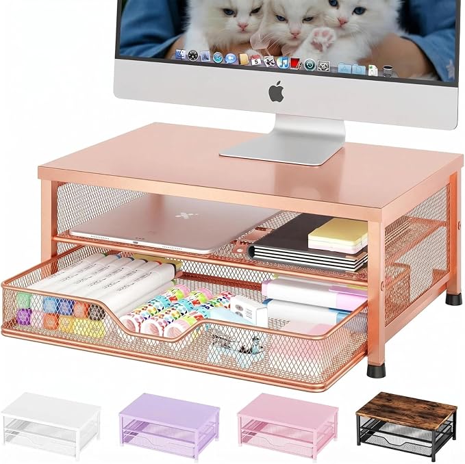 OPNICE Computer Monitor Stand Riser, Desk Organizer with Drawer, Printer & Laptop Stand, Office Desk Accessories & Workspace Desktop Organizers Storage for Office Supplies(Rose Gold) by OPNICE