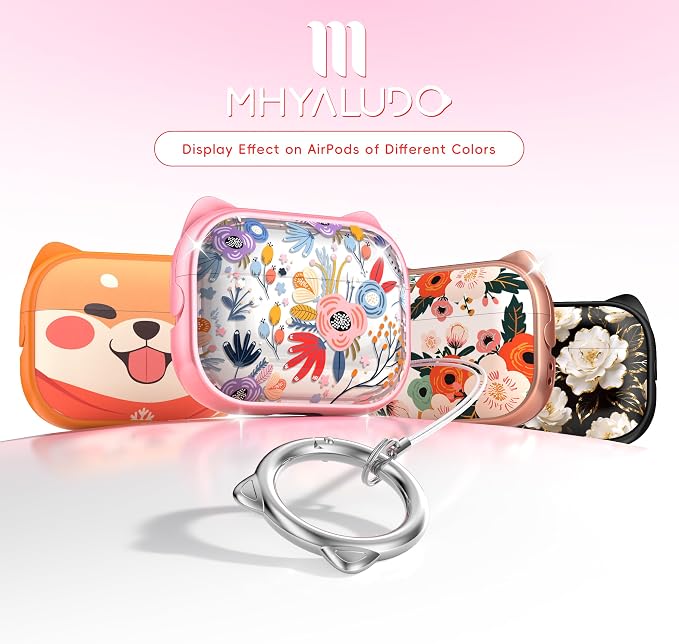 for AirPods Pro 2 Case with Cleaning Kit, Cute Cat Ear Print Design & Cute Buckle for Girls, Phone Holder & Top Safe Lock Buckle Design for AirPods Pro 2nd/1st Gen case, Clear Flowers - Image 6