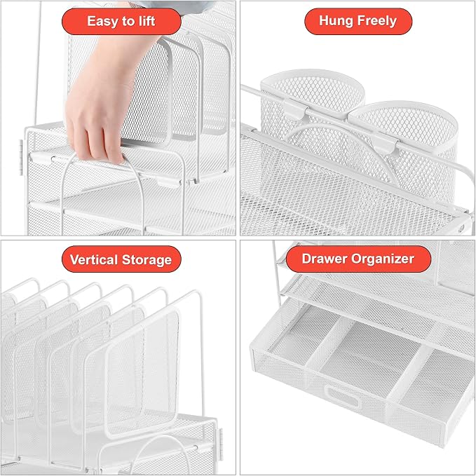 Marbrasse Desk Organizers, 4-Tier Mesh Desk File Organizer with 5 Vertical File Holders and 2 Pen Holders, Multifunction Desktop Organizer,Desk Organizers and Accessories for Home Office (White) - Image 2