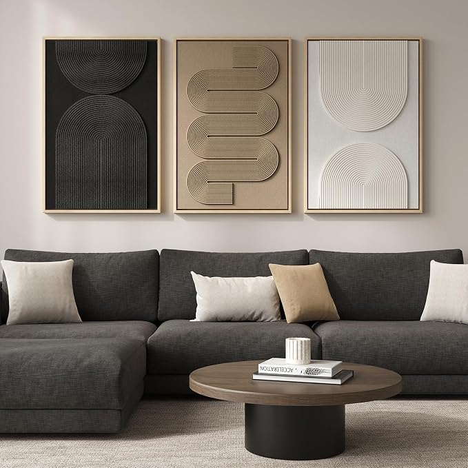 Large 3D Textured Framed Boho Modern Neutral Abstract Wall Art for Living Room, 3 Piece Black White Brown Paintings Artwork for Walls, Geometric Pictures for Office Bedroom Dining Room Decor, 24x36 In - Image 2