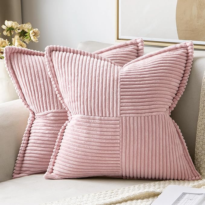 MIULEE Spring Decorative Throw Pillow Covers for Couch Bed Livingroom 20x20 Inch Set of 2 Pink Boho Accent Throw Pllows Broadside Striped Patchwork Soft Corduroy Pillowcases Valentine Decor by MIULEE
