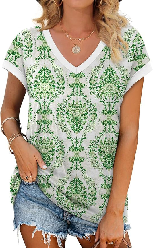 WIHOLL Womens Summer Tops 2026 Cap Short Sleeve Shirs V Neck T Shirts Fashion Beach Vacation Clothes Color Block by WIHOLL