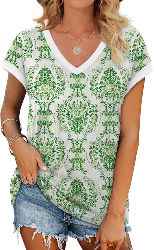 WIHOLL Womens Summer Tops 2026 Cap Short Sleeve Shirs V Neck T Shirts Fashion Beach Vacation Clothes Color Block by WIHOLL