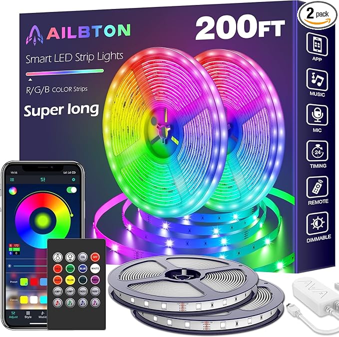 AILBTON 200ft Led Strip Lights(2 Rolls of 100ft led Lights) Ultra Long Led Light Strip with App Voice Control Remote,5050 RGB Music Sync Color Changing Led Lights for Bedroom,Party,Home Decoration by AILBTON