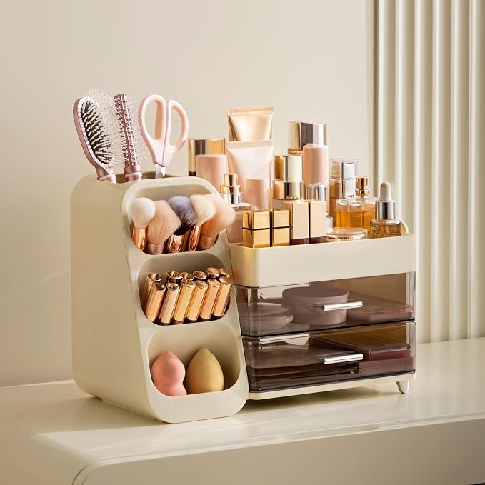 HBlife Makeup Organizer with Brush Holder for Vanity, Large Plastic Bathroom Countertop Organizer Skin Care Storage, Easy to Store Lipsticks, Nail Polishes, Perfumes, Eyeshadow Palettes, Beige - Image 2